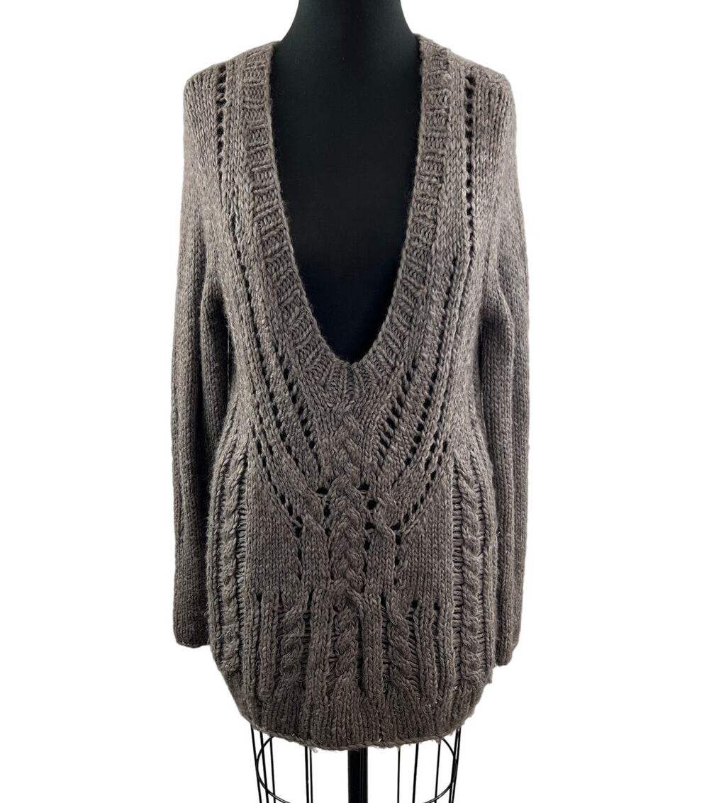 DUFFY Brown Gray Wool Alpaca Blend Cable Knit Deep V-Neckline Sweater Size L